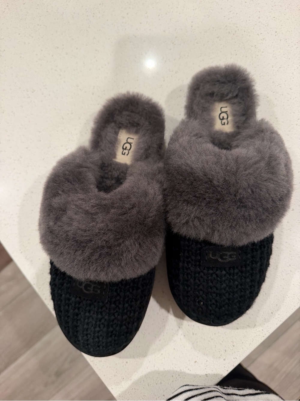 UGG Women's Black Knit Slippers with Gray Shearling Cuff - WORN ONCE